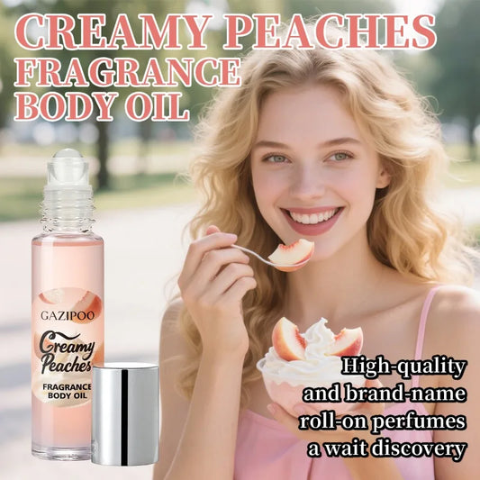 Peach Roll-On Perfume for Women by MAIRA'S COLLECTIONS, showing a sleek glass bottle with a peach-colored roll-on applicator.