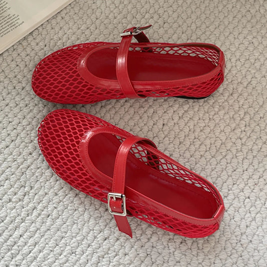 MAIRA'S COLLECTIONS Eilyken mesh buckle flat sandals with open toe and ankle strap, featuring breathable mesh design and comfortable flat sole.