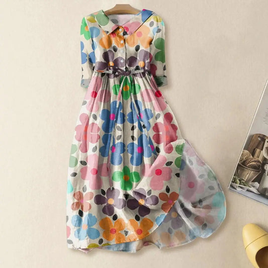 Bohemian floral A-line midi dress by MAIRA'S COLLECTIONS featuring vibrant print and flowing fabric.