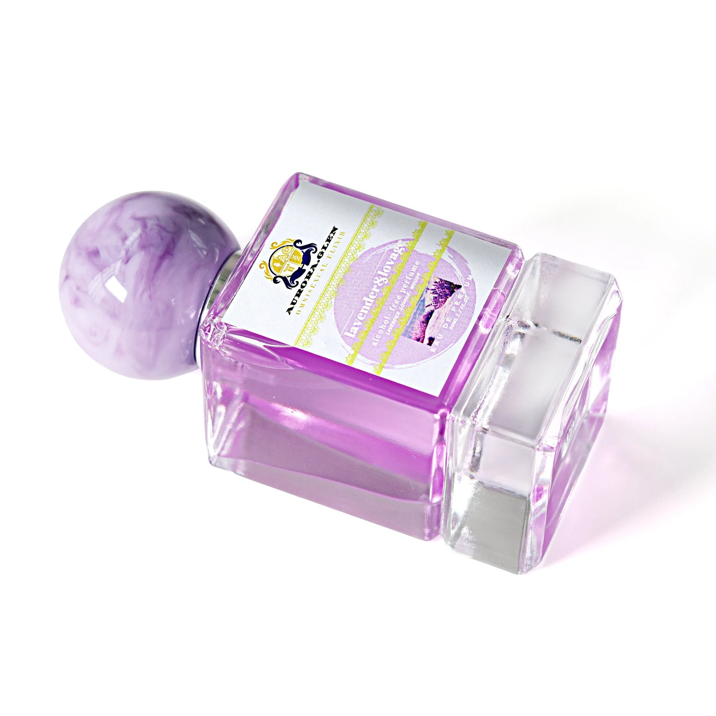 Lavender and lovage scented EDP perfume for women by Maira's Collections, featuring a sleek glass bottle with a purple cap.