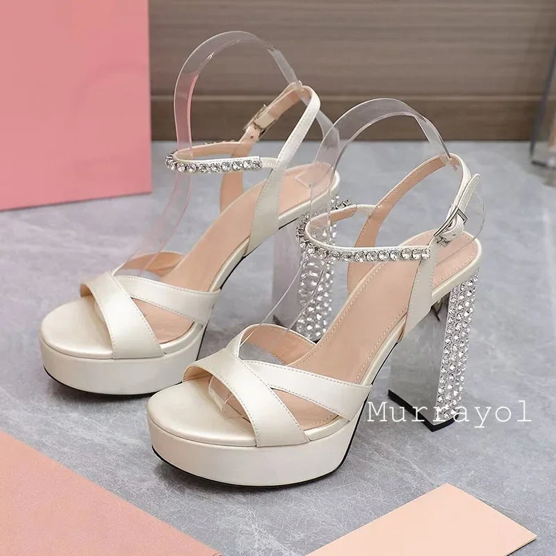 Women's satin platform high heel sandals with rhinestone embellishments, elegant party shoes by MAIRA'S COLLECTIONS