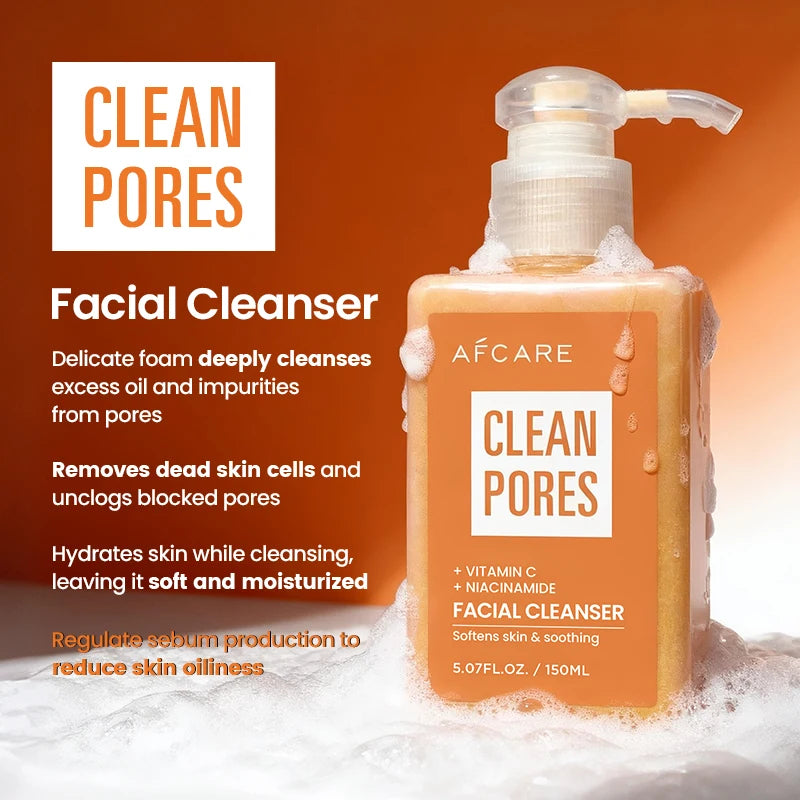 Natural Vitamin C face wash from MAIRA'S COLLECTIONS with a clear pump bottle, showing vibrant citrus ingredients for brightening and deep cleansing.