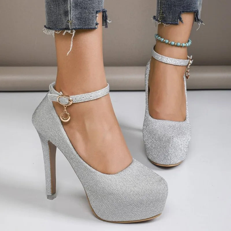 Women's platform thin heel shoes by MAIRA'S COLLECTIONS featuring a sleek design and stylish high heel, shown in a neutral color.