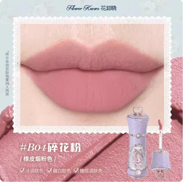 Flower Knows Strawberry Rococo Lip Cream by MAIRA'S COLLECTIONS showing a tube with pink and gold packaging and the product label.