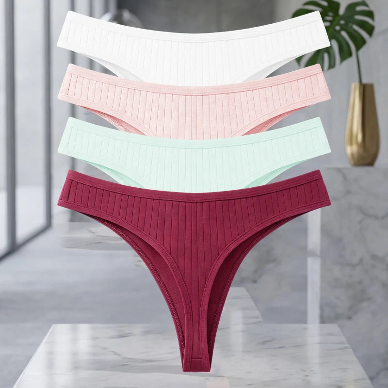 Set of four MAIRA'S COLLECTIONS cotton ribbed thong underwear for women, seamless solid color, comfortable and breathable.