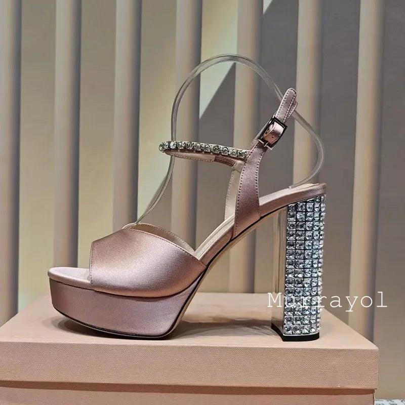 Women's satin high heel sandals with rhinestones from MAIRA'S COLLECTIONS, featuring platform party shoes with elegant strap details.