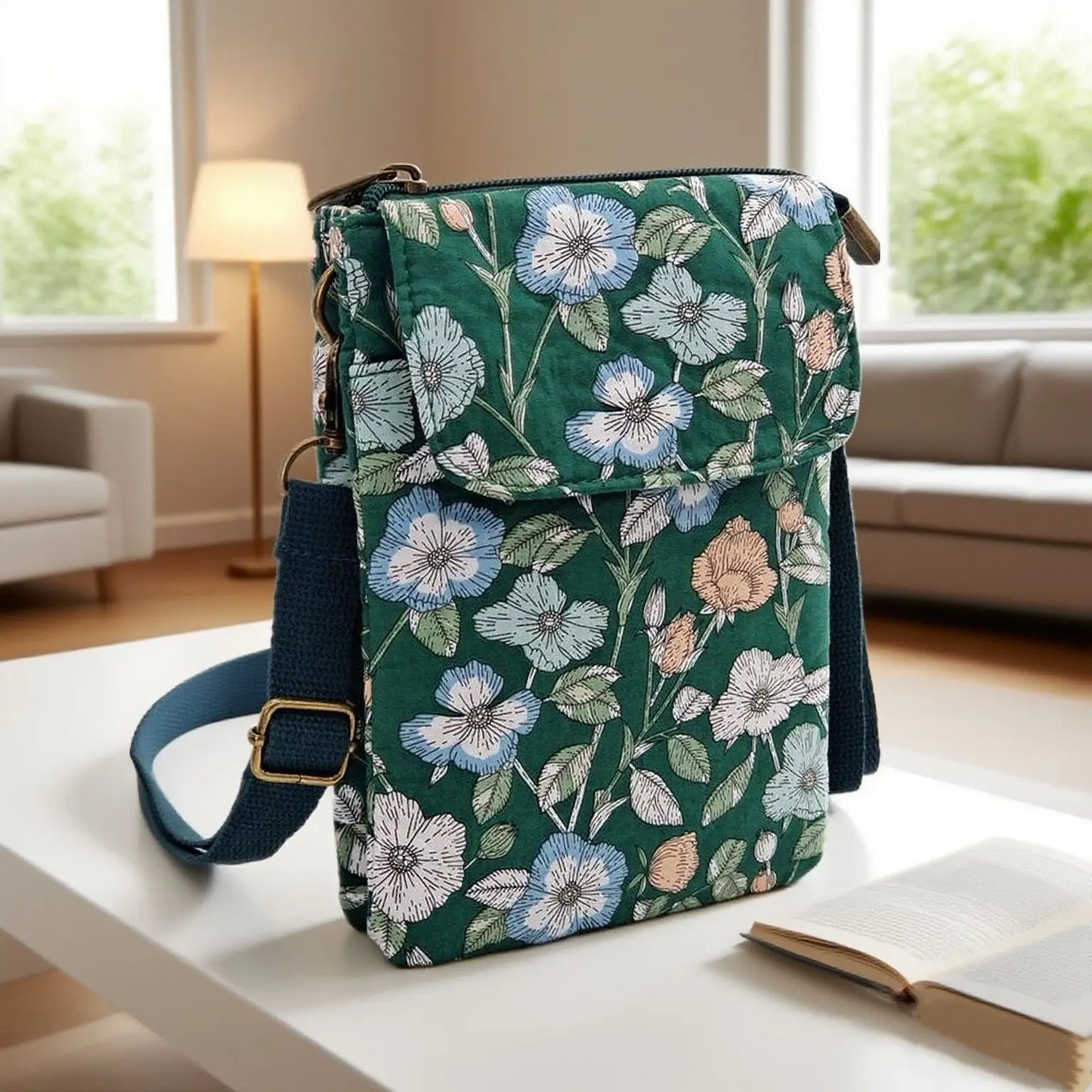 Women's printed crossbody phone bag by MAIRA'S COLLECTIONS with colorful floral pattern and adjustable strap.
