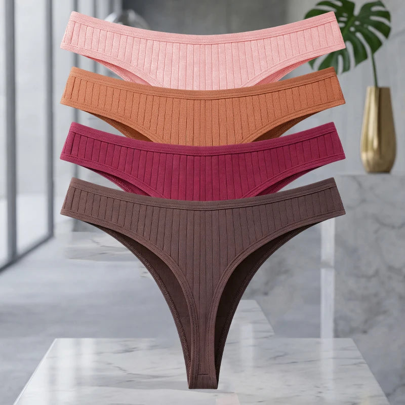 MAIRA'S COLLECTIONS FINETOO 4-piece set of cotton ribbed seamless women's thongs in solid colors