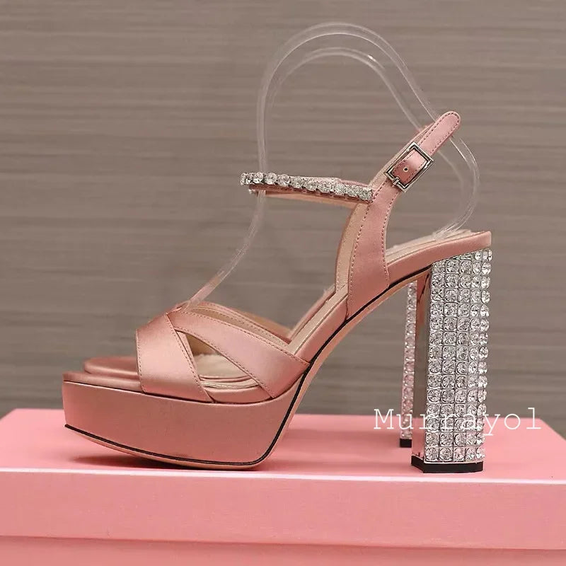 Women's satin platform high heel sandals with rhinestone embellishments, designed for elegant party wear by MAIRA'S COLLECTIONS