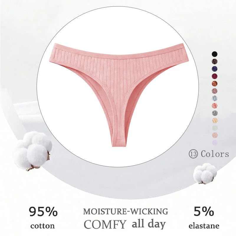 Set of four MAIRA'S COLLECTIONS cotton ribbed seamless thong panties for women, in solid colors, displayed flat.
