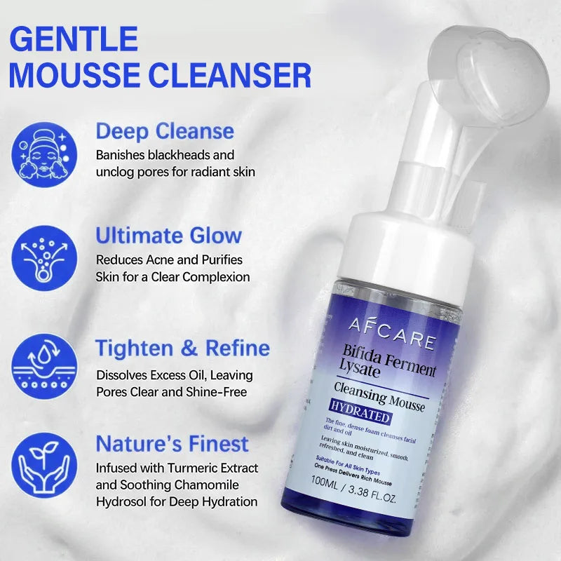 MAIRA'S COLLECTIONS AFCARE Gentle Cleansing Mousse with Bifida Ferment for soft, clean skin; foam cleanser in a white bottle.