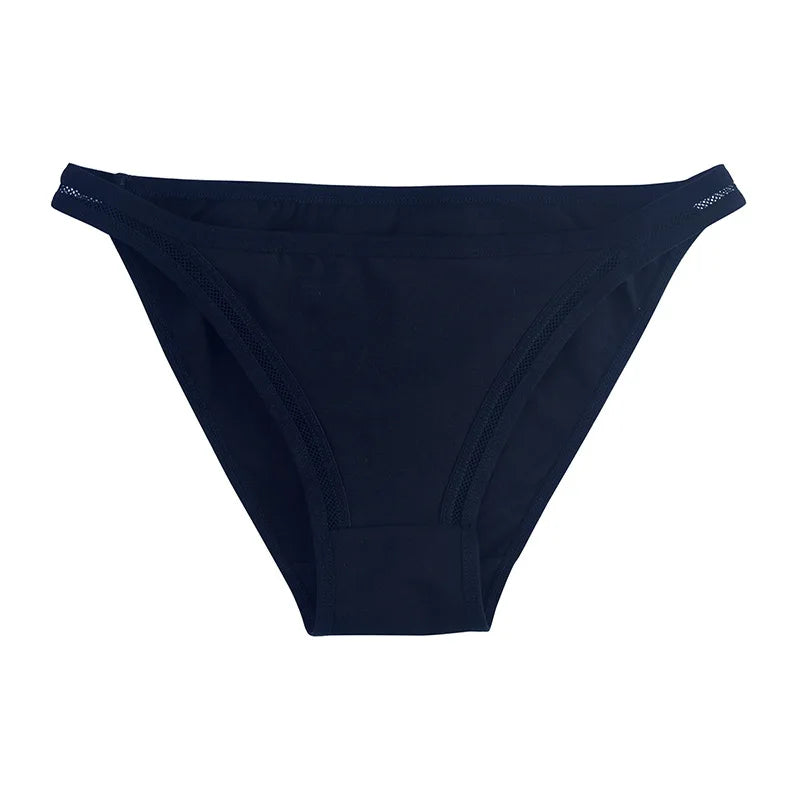 Three pairs of MAIRA'S COLLECTIONS women's cotton mesh bikinis in solid colors, displayed as a set of comfortable underpants