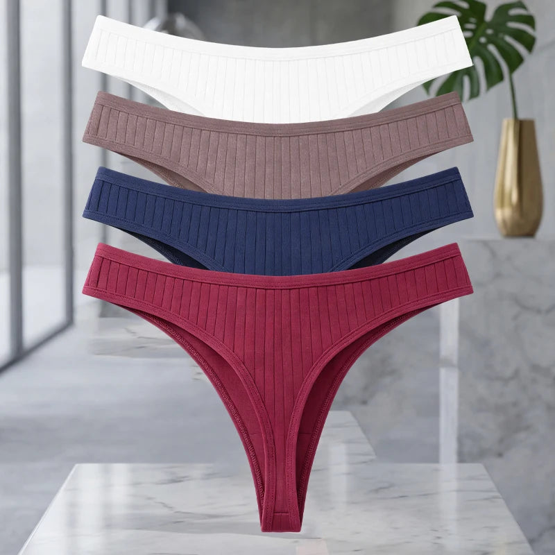 Set of four MAIRA'S COLLECTIONS cotton ribbed seamless thong underwear for women in solid colors.