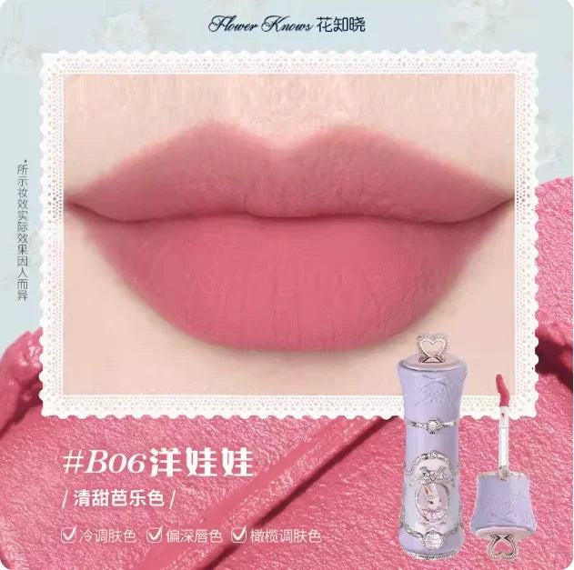 Flower Knows Strawberry Rococo Lip Cream by MAIRA'S COLLECTIONS, showcasing the pink and gold packaging and creamy lip formula.