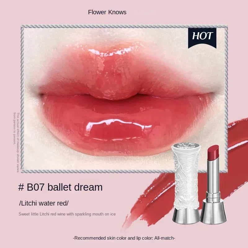 Flower Knows Strawberry Rococo Lip Cream by MAIRA'S COLLECTIONS shown in a sleek tube with a pink floral design.