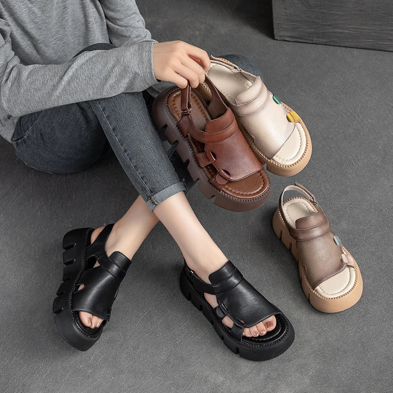 Women's genuine leather wedge sandals by MAIRA'S COLLECTIONS featuring a platform casual design with open toes and ankle straps.