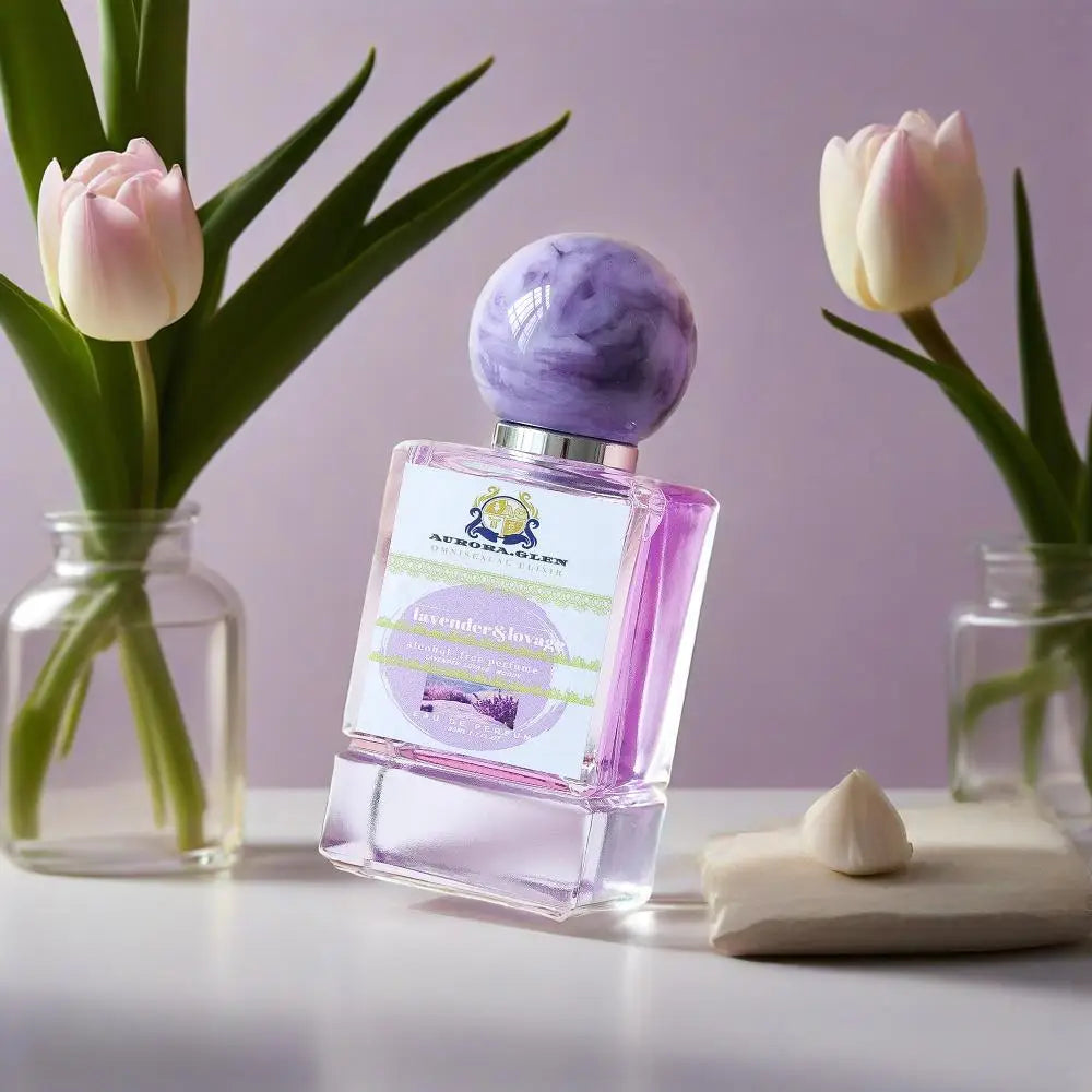 Lavender and lovage scented EDP perfume for women from MAIRA'S COLLECTIONS, displayed in a sleek glass bottle with floral accents.