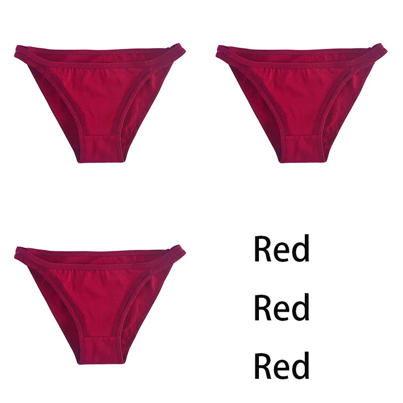 Set of three women's cotton panties by MAIRA'S COLLECTIONS featuring mesh material and solid color bikini style.