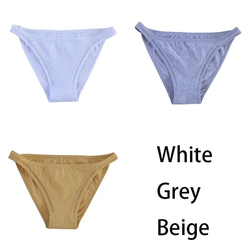 Set of three women's cotton bikini panties by MAIRA'S COLLECTIONS, featuring breathable mesh fabric and solid color designs.