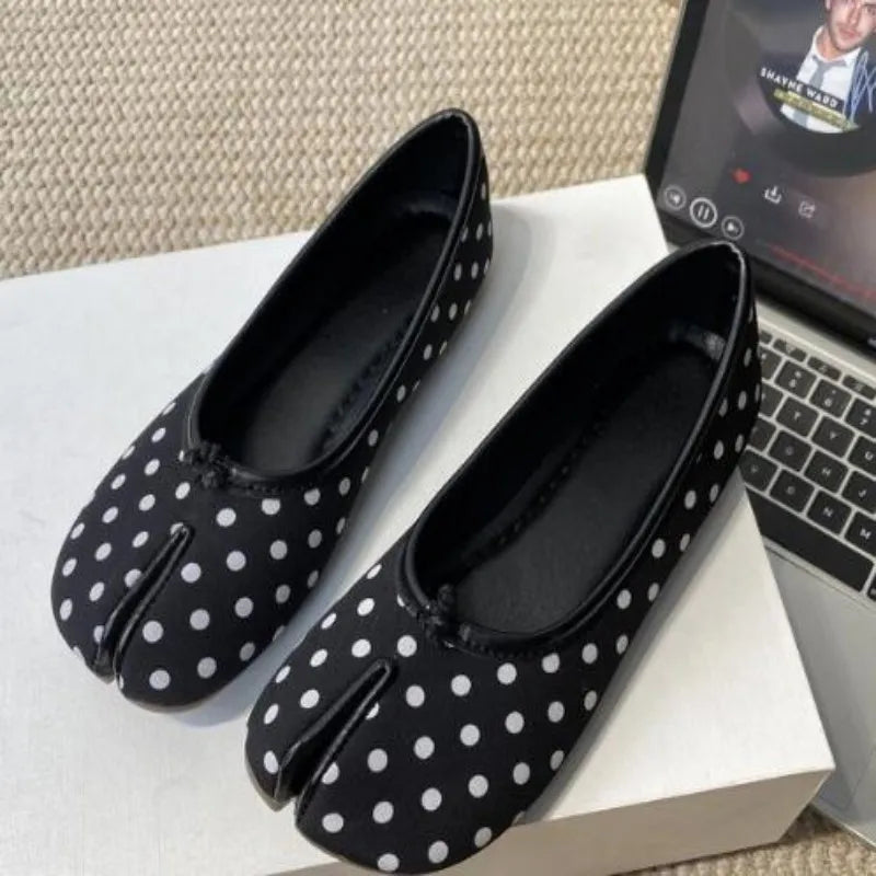 Women's polka dot Tabi flats by MAIRA'S COLLECTIONS featuring split toe ballerina shoe design and classic polka dot pattern.