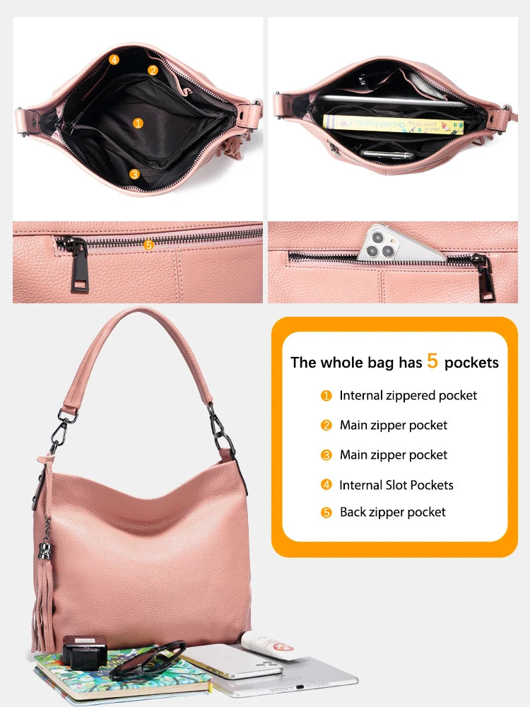 Zency cowhide leather shoulder bag in natural brown with adjustable strap and sleek design, by MAIRA'S COLLECTIONS.