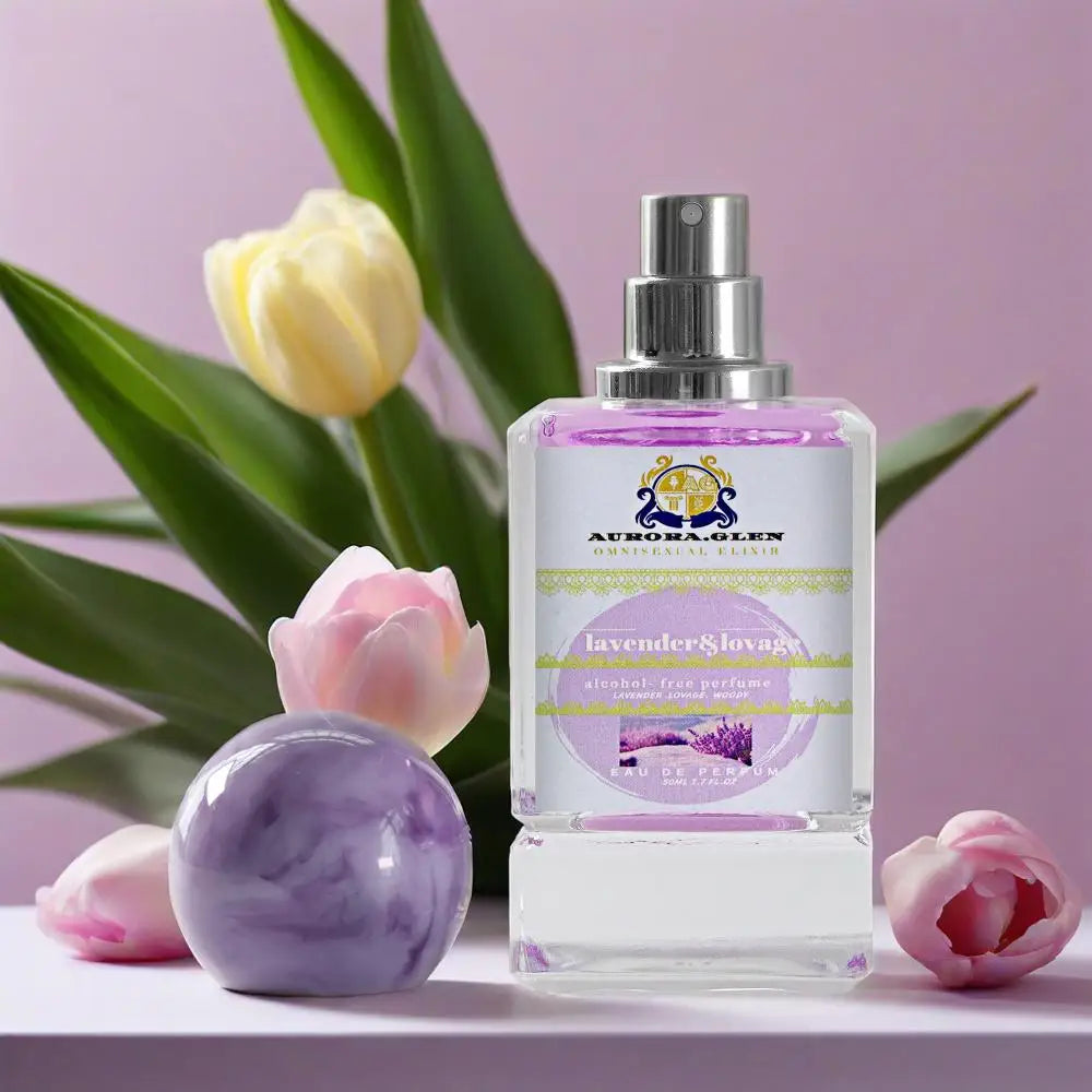 Lavender and lovage scented EDP perfume for women from MAIRA'S COLLECTIONS, featuring a sleek glass bottle with a floral cap.