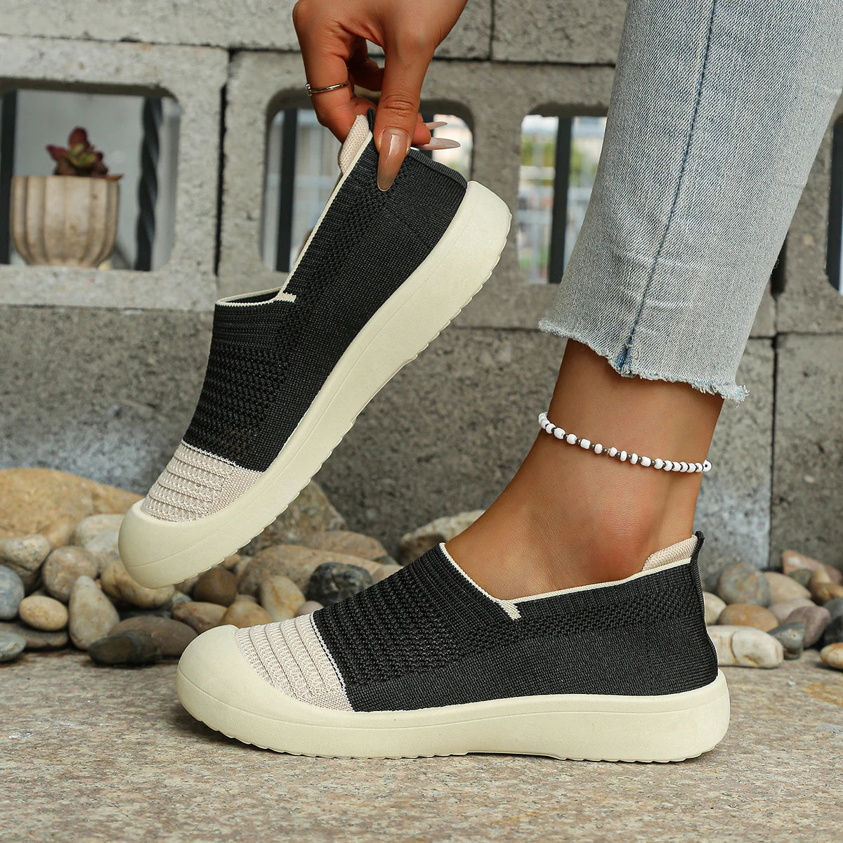 Women's retro slip-on shoes by MAIRA'S COLLECTIONS with breathable fabric and soft sole comfort, shown in a stylish design.