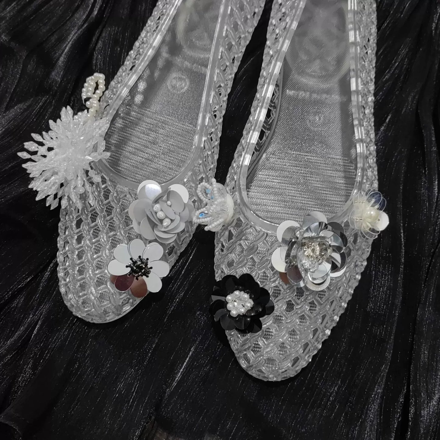 Women's Crystal Jelly Flats by MAIRA'S COLLECTIONS featuring pointed toe summer sandals with transparent, sparkly jelly design.