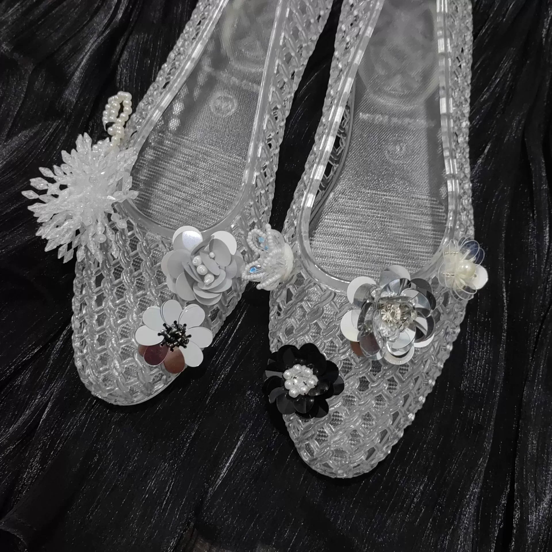 Women's Crystal Jelly Flats by MAIRA'S COLLECTIONS featuring pointed toe summer sandals with transparent, sparkly jelly design.
