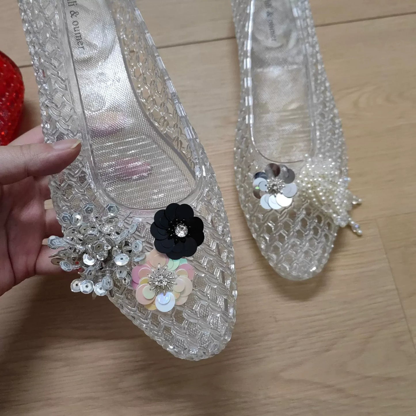 Women's crystal jelly flats by MAIRA'S COLLECTIONS featuring pointed toe summer sandals with transparent, colorful jelly material.