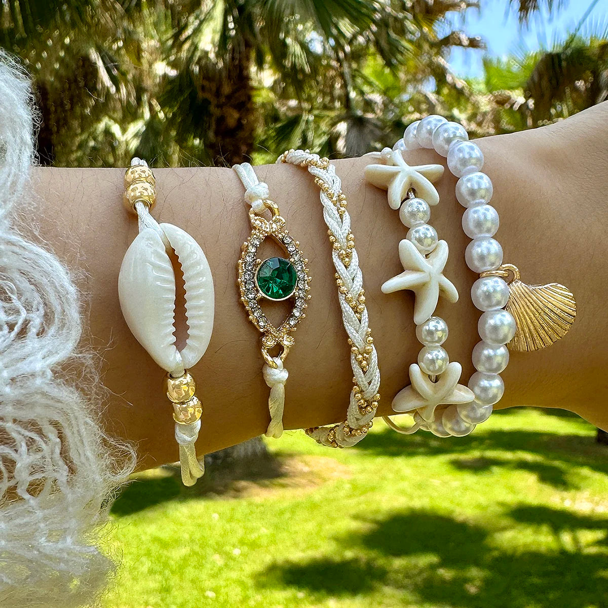 Tocona Bohemian pearl bracelet set with five stylish bracelets featuring pearls and beads, by MAIRA'S COLLECTIONS.