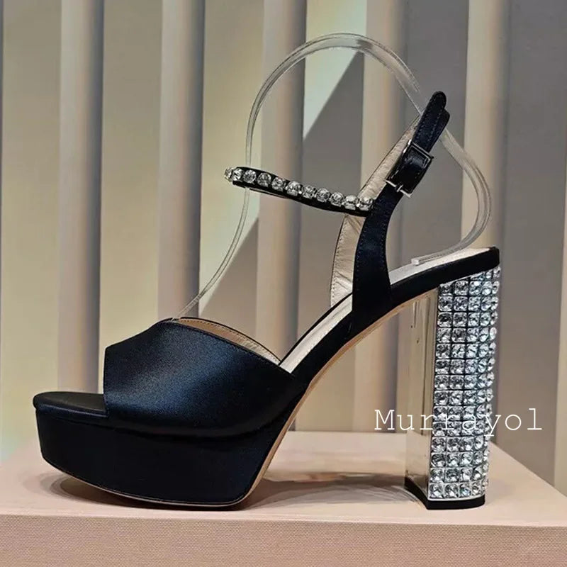 Women's satin platform high heel sandals with rhinestone embellishments, stylish party shoes by MAIRA'S COLLECTIONS