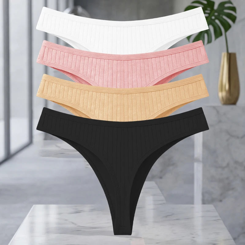 Set of four MAIRA'S COLLECTIONS cotton ribbed seamless thong underwear for women, solid color, comfortable and lightweight.