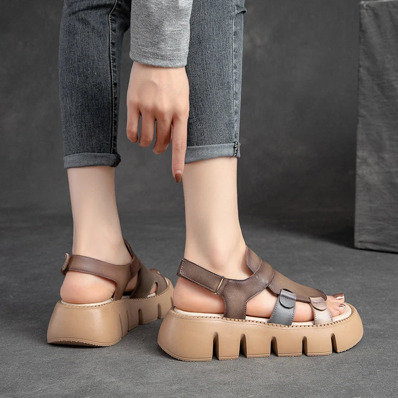 Women’s genuine leather wedge sandals by MAIRA'S COLLECTIONS with platform sole, casual style, featuring open toe design.