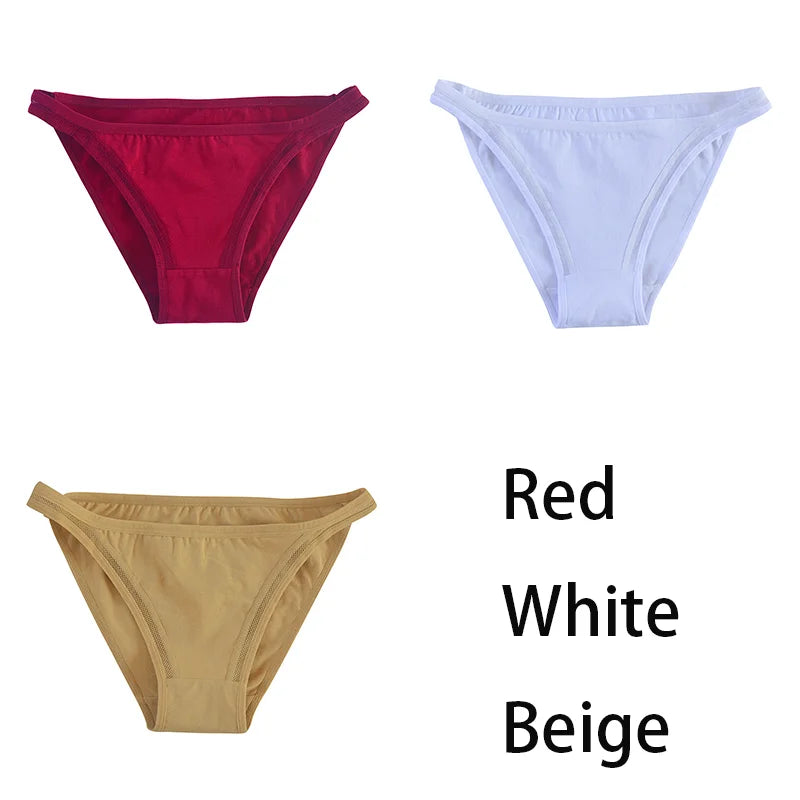 Set of three women’s cotton panties by MAIRA'S COLLECTIONS, solid color bikini style with mesh panels for comfortable wear.