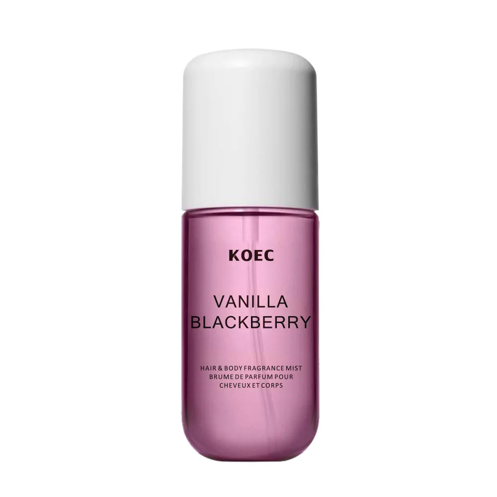 Vanilla Blackberry Fragrance Mist by MAIRA'S COLLECTIONS displayed in a clear bottle with a spray nozzle, set against a neutral background.