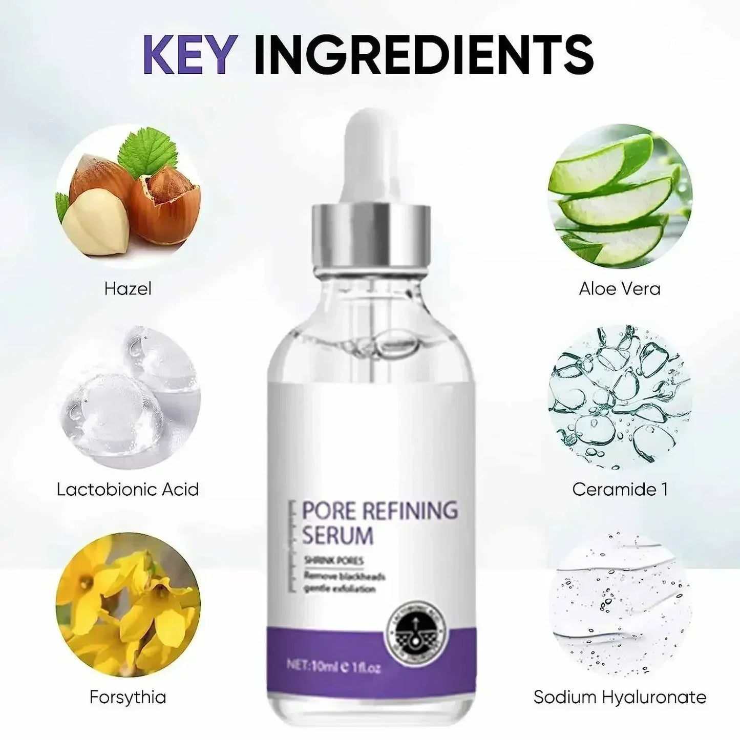 MAIRA'S COLLECTIONS pore minimizing serum in a glass bottle, featuring a dropper for skin tightening and firming essence application.