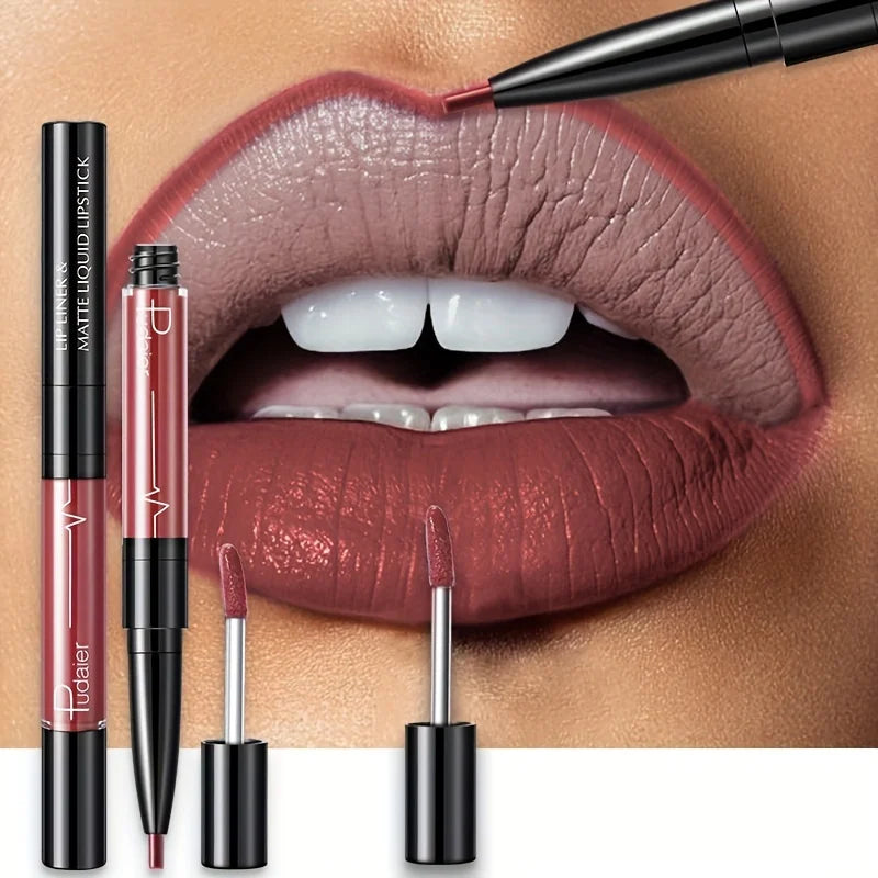 Double-ended lipstick and lip liner from MAIRA'S COLLECTIONS, with a sleek black handle and dual applicators for precise lip makeup.