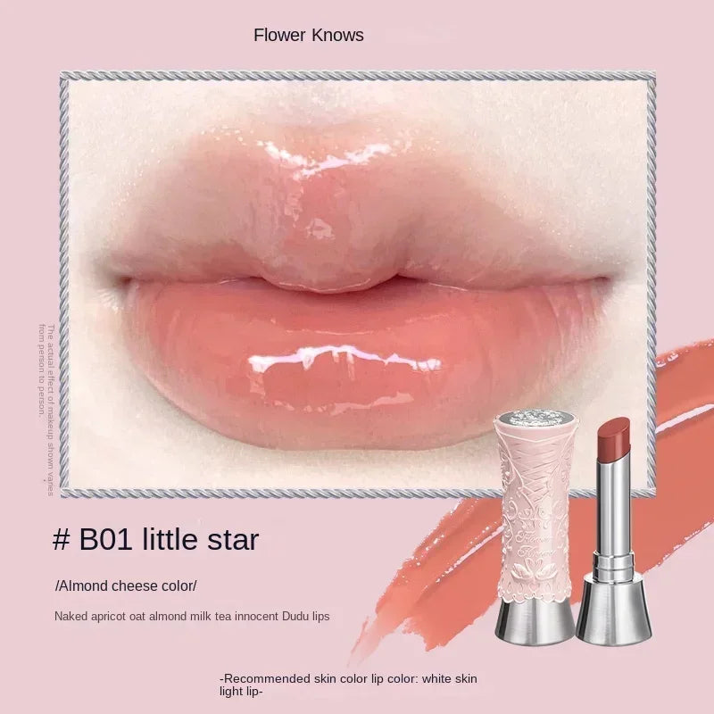 Flower Knows Strawberry Rococo Lip Cream by MAIRA'S COLLECTIONS, featuring a creamy lipstick tube with floral branding and a vibrant pink shade.