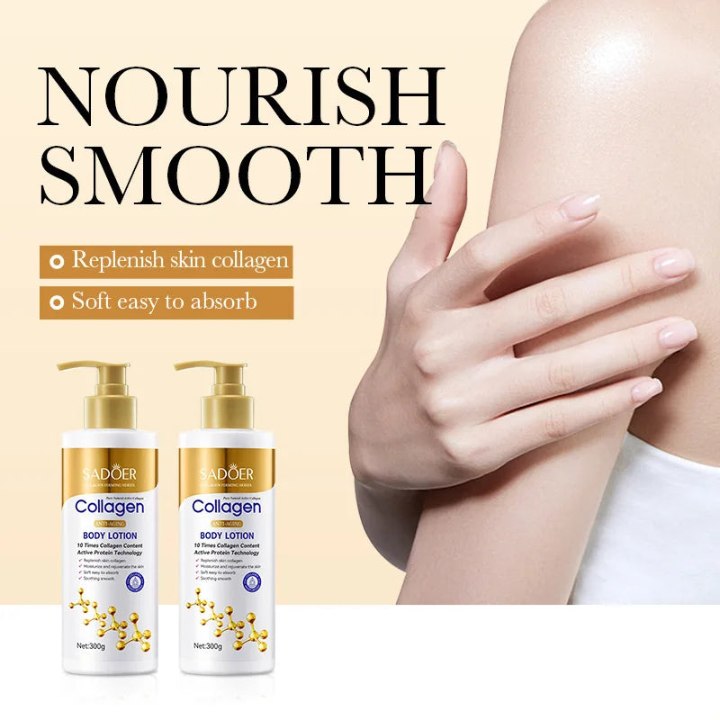 MAIRA'S COLLECTIONS anti-aging collagen body lotion with firming and deep hydration, featuring a sleek white bottle with a pump dispenser.