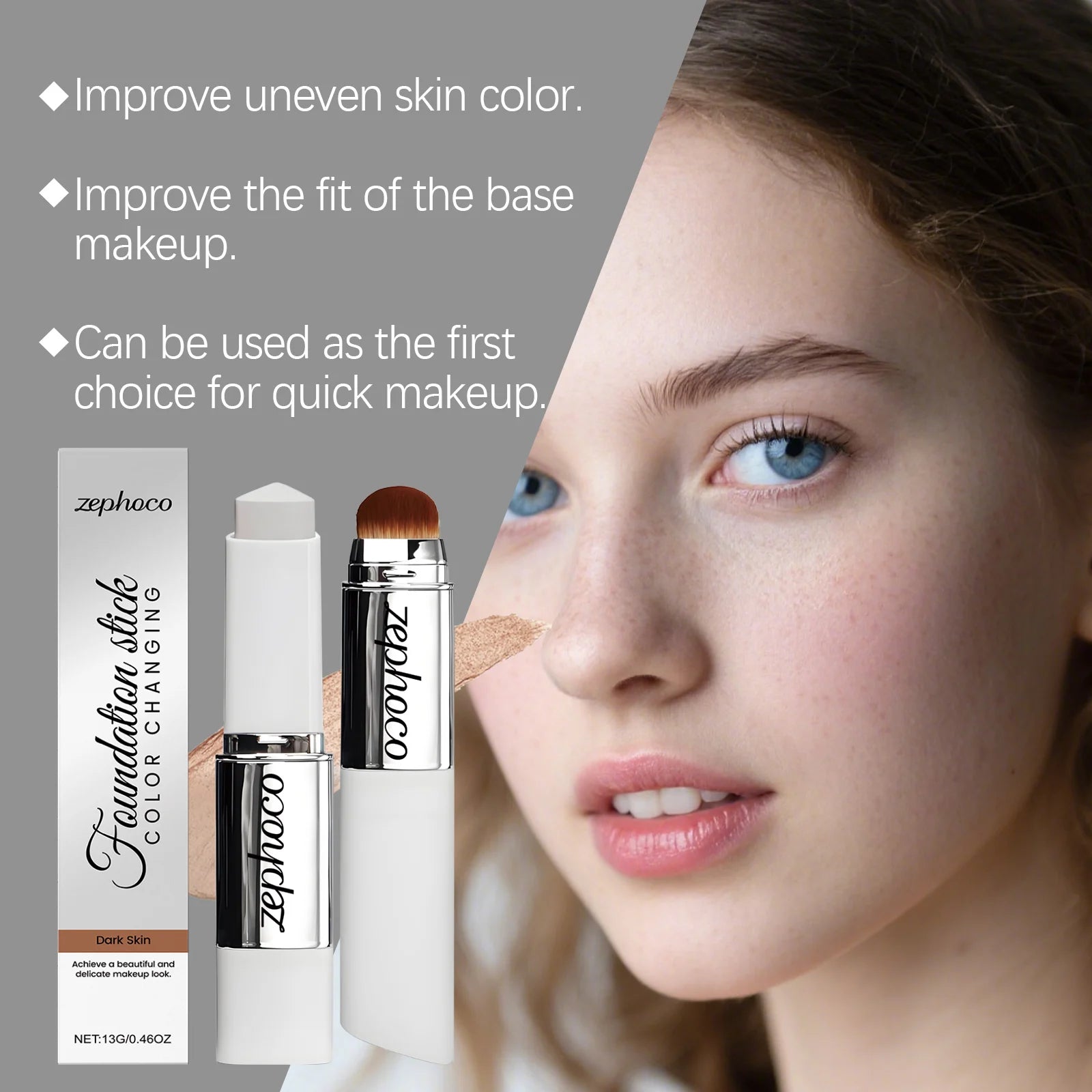 Color changing concealer foundation stick by MAIRA'S COLLECTIONS, 13g, shown in a sleek black tube with the cap removed.