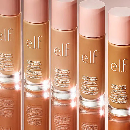 ELF Halo Glow Liquid Filter Primer by MAIRA'S COLLECTIONS, showcasing the shimmering, luminous primer bottle with a pump dispenser.