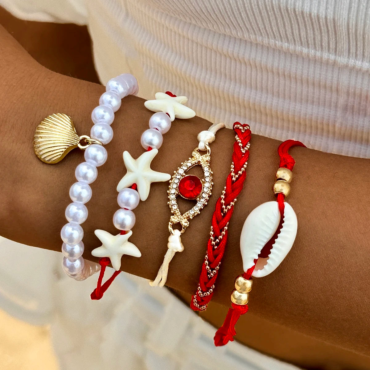 Set of five Tocona Bohemian pearl bracelets by MAIRA'S COLLECTIONS featuring mixed pearl designs and boho style.