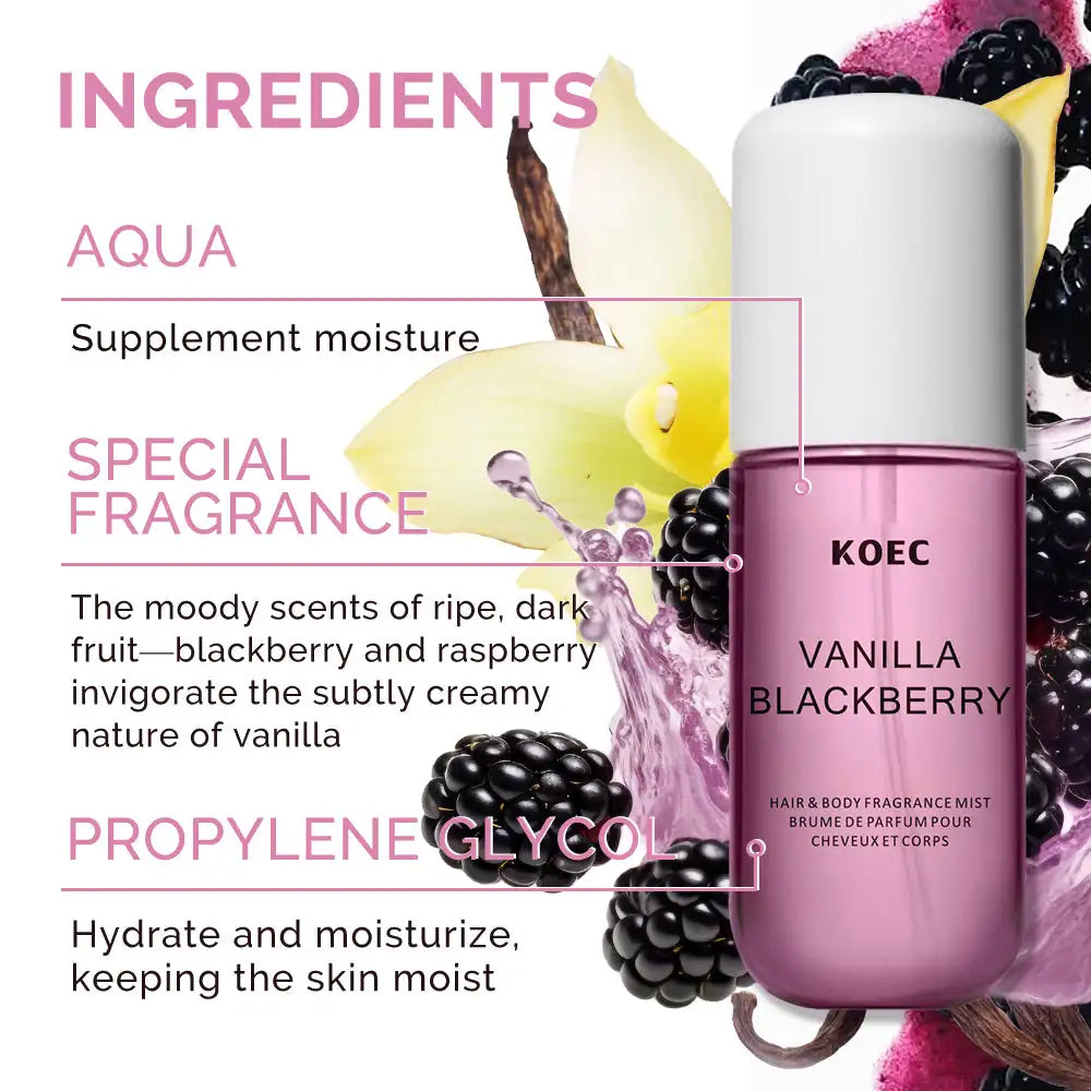 Vanilla Blackberry Fragrance Mist by MAIRA'S COLLECTIONS featuring a sleek spray bottle with a purple and black label.