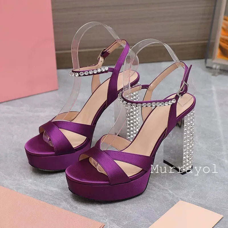 Women's satin platform high heel sandals with rhinestone embellishments from MAIRA'S COLLECTIONS, perfect for party occasions.