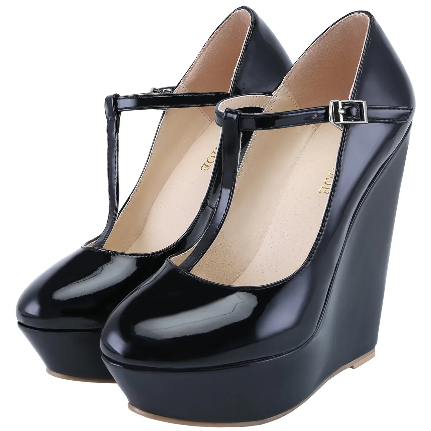 Women's platform wedge pumps with 14cm high heels and T-strap design from MAIRA'S COLLECTIONS, perfect for parties.
