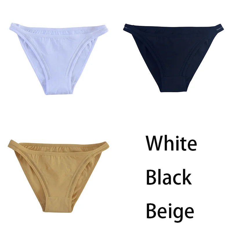 Three women’s cotton panties set by MAIRA'S COLLECTIONS featuring solid color bikini-style mesh underpants.