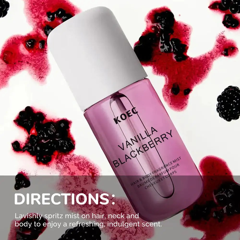 MAIRA'S COLLECTIONS Vanilla Blackberry fragrance mist bottle with a sleek design and soft pastel-colored label.