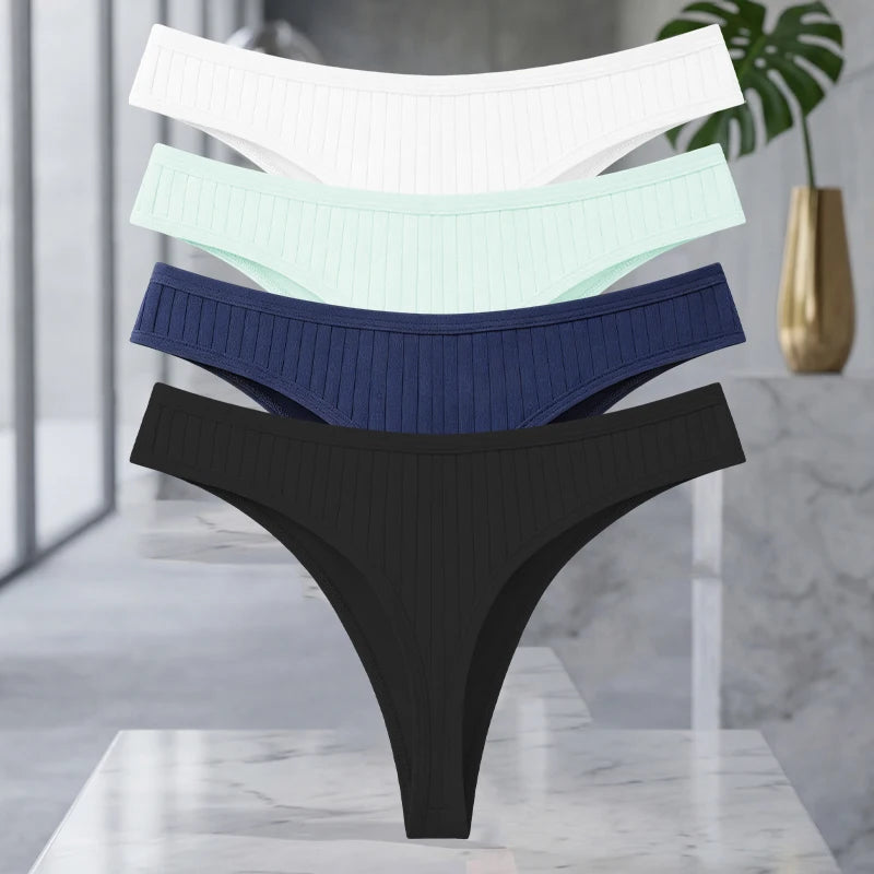Set of four MAIRA'S COLLECTIONS cotton ribbed seamless thong underwear for women in solid colors, close-up of fabric and fit.