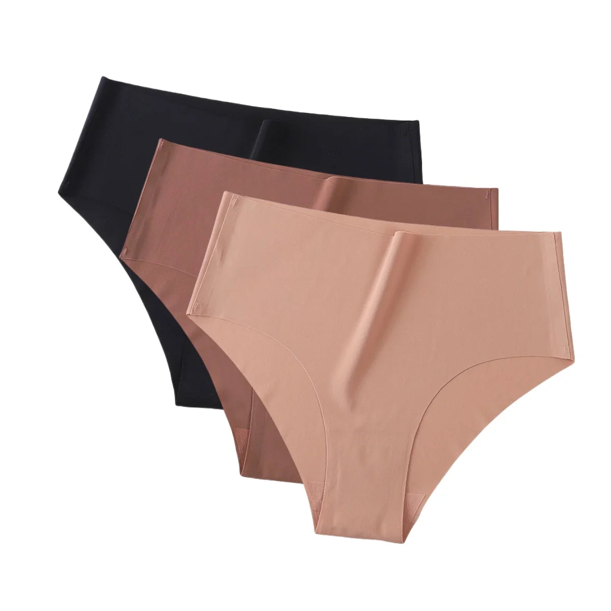 Set of three MAIRA'S COLLECTIONS ice silk high waist seamless panties for women, shown in a variety of colors.